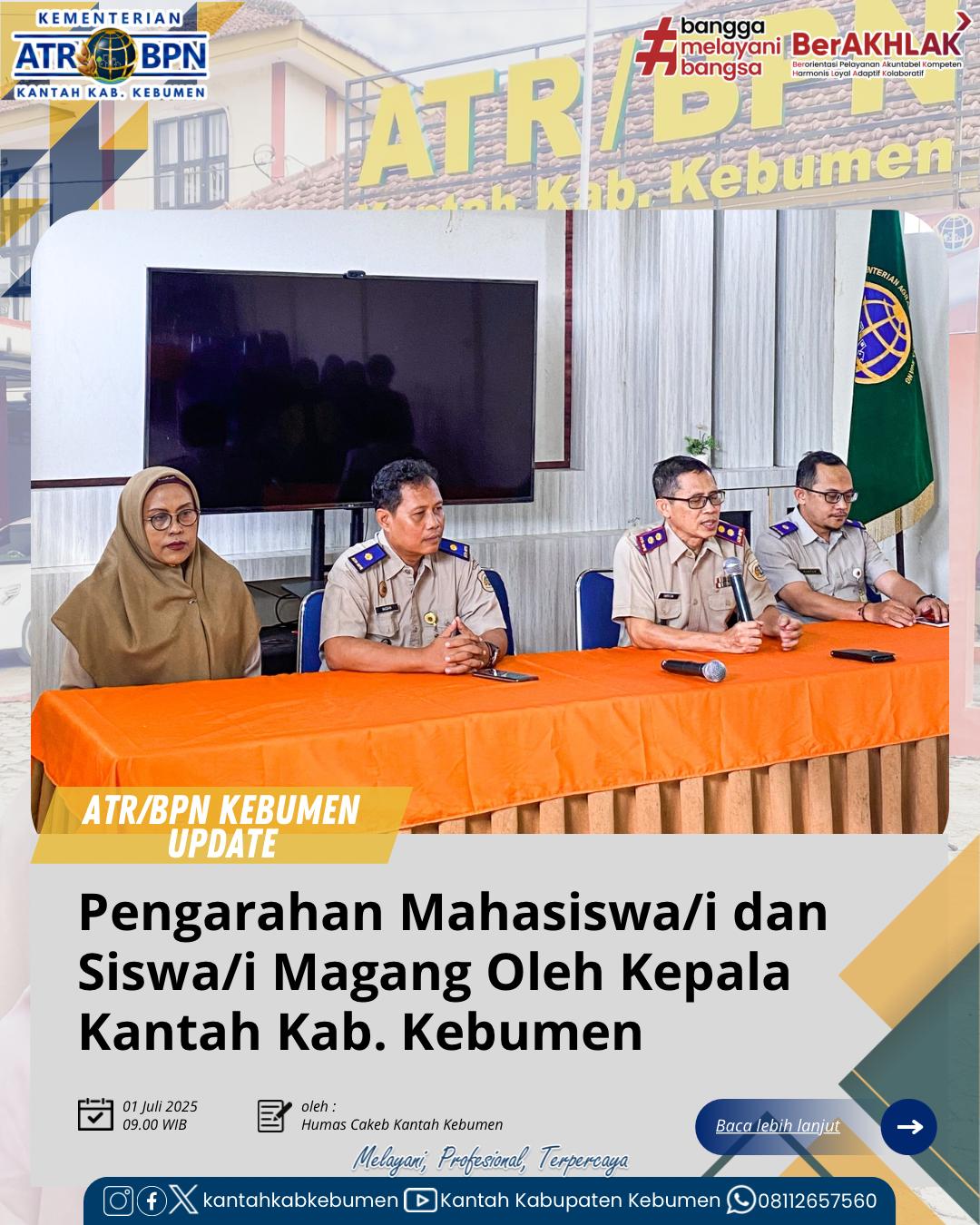 Pengarahan Mahasiswa dan Siswa Praktik Kerja Lapangan (Magang) di Lingkungan Kantor Pertanahan Kabupaten Kebumen