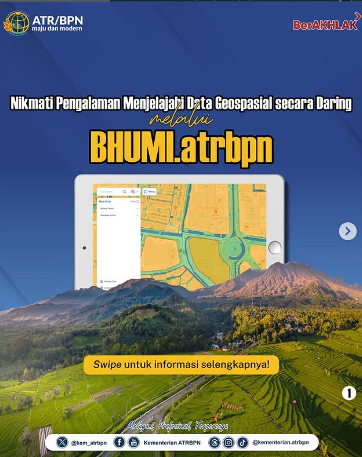 Bhumi.atrbpn merupakan web geoportal tata ruang dan pertanahan berupa platform peta interaktif yang menyajikan data geospasial yang dikelola oleh Kementerian ATR/BPN