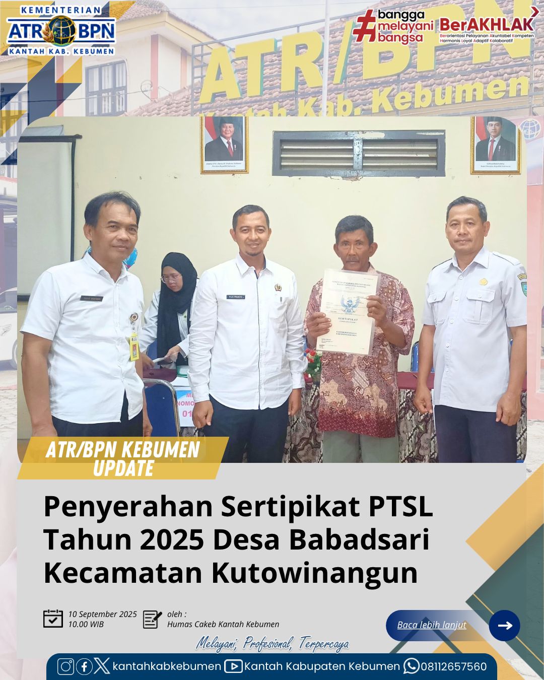 Penyerahan Sertipikat Produk PTSL Tahun Anggaran 2025 Desa Babadsari Kecamatan Kutowinangun